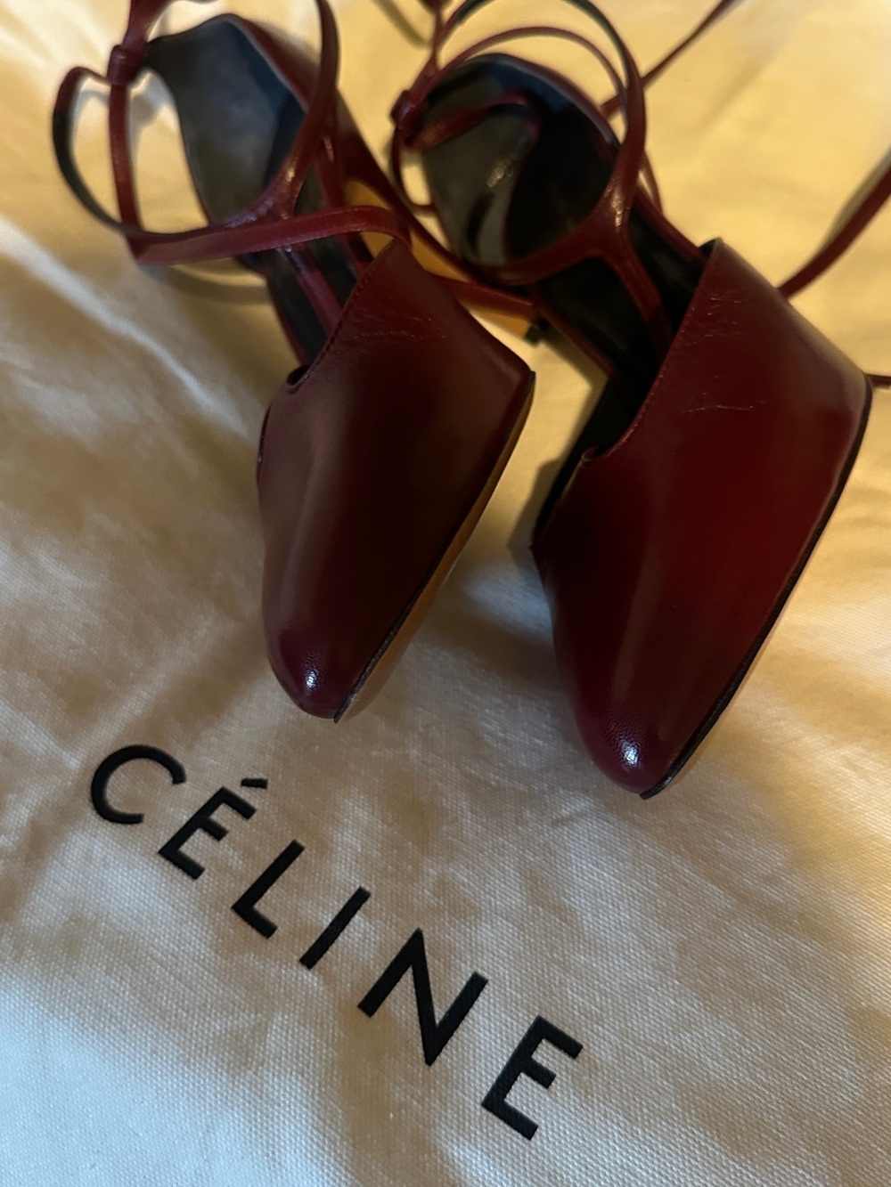 Celine Burgundy Leather T-Strap Wrap Heels - Picture 13 of 15